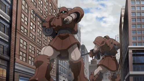 Two Brown Robots Standing in Front of A.C. Sign