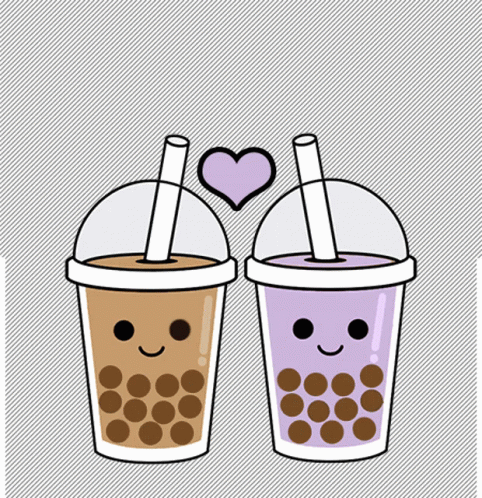 Two Bubble Tea Cups With Faces And Heart GIF
