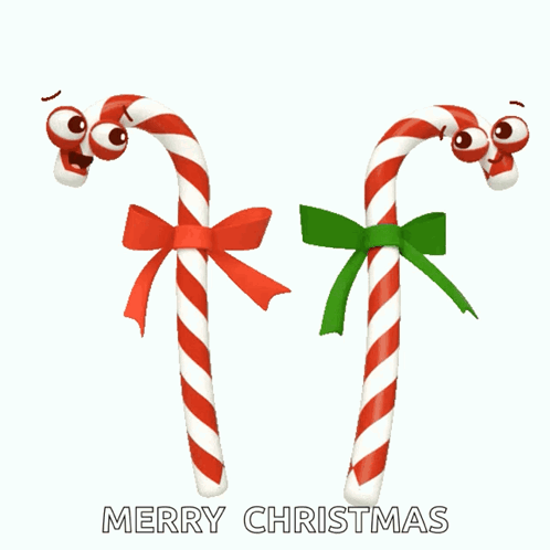 Two Candy Canes With Bows And The Words Merry Christmas On The Bottom GIF