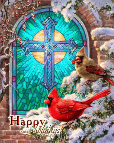Two Cardinals Are Sitting In Front Of A Stained Glass Window With The Words Happy Holidays Below Them GIF