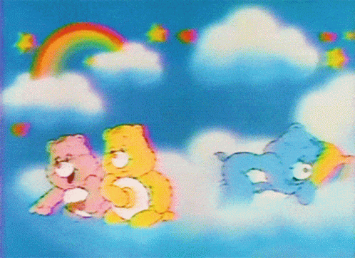 Two Care Bears Are Sitting On A Cloud With A Rainbow In The Background GIF