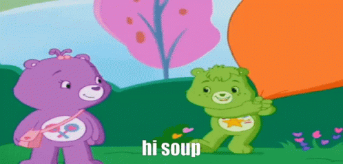 Two Care Bears Are Standing Next To Each Other And One Bear Is Holding An Orange Balloon And The Other Bear Is Saying Hi GIF