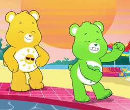 Two Care Bears Standing Next To Each Other On The Beach GIF