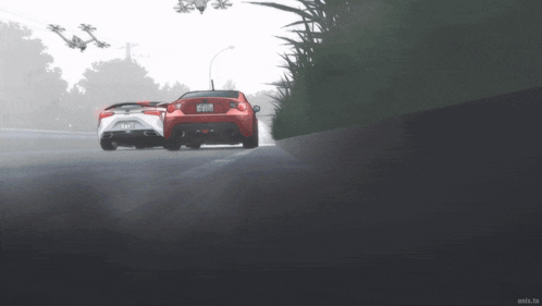 Two Cars Are Driving Down A Road And One Has A License Plate That Starts With The Letter B GIF