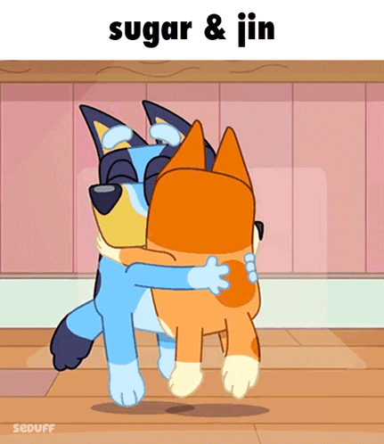 Two Cartoon Animals Hugging With The Words Sugar & Jin Below GIF