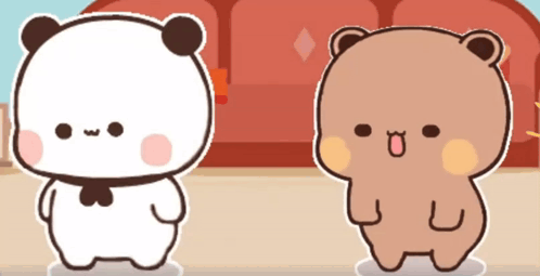Two Cartoon Bears Are Standing Next To Each Other In Front Of A Red Sofa GIF