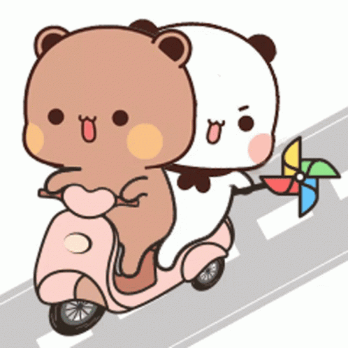 Two Cartoon Bears Riding Pink Scooter