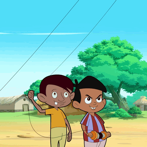 Two Cartoon Boys Are Standing Next To Each Other And One Is Holding A Kite GIF