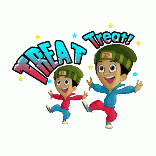 Two Cartoon Boys Dancing Near Treat Sign GIF