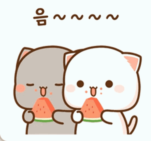 Two Cartoon Cats Are Eating Watermelon Together And One Of Them Is Holding A Slice Of Watermelon In Its Mouth . GIF