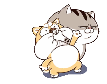 two cartoon cats are hugging each other and one is holding another cat 's tail