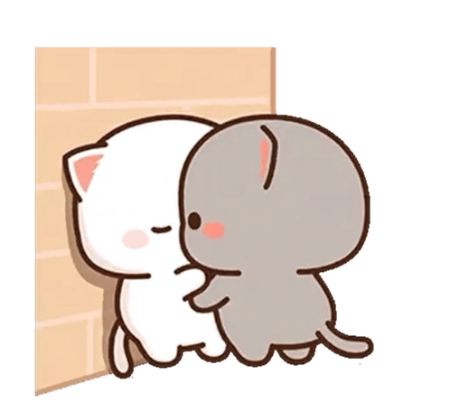 Two Cartoon Cats Are Hugging Each Other On A Brick Wall . GIF
