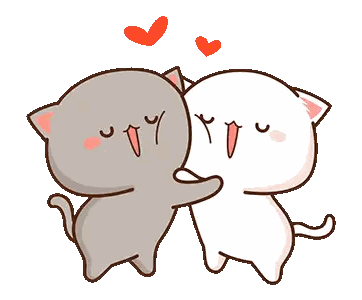two cartoon cats are hugging each other with red hearts above them
