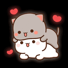 Two Cartoon Cats Are Laying On Top Of Each Other With Hearts Around Them . GIF