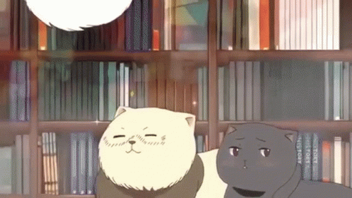 Two Cartoon Cats Are Standing Next To Each Other In Front Of A Bookshelf That Says History GIF