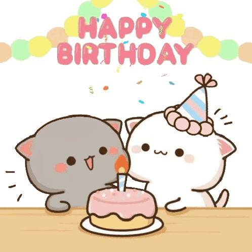 Two Cartoon Cats Celebrating Birthday Cake And Candles GIF
