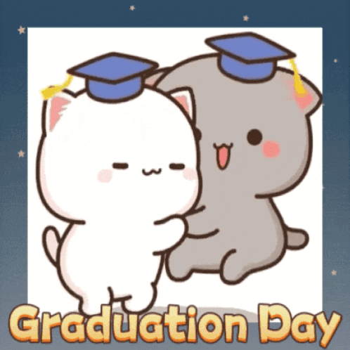 Two Cartoon Cats Hugging In Graduation Caps GIF