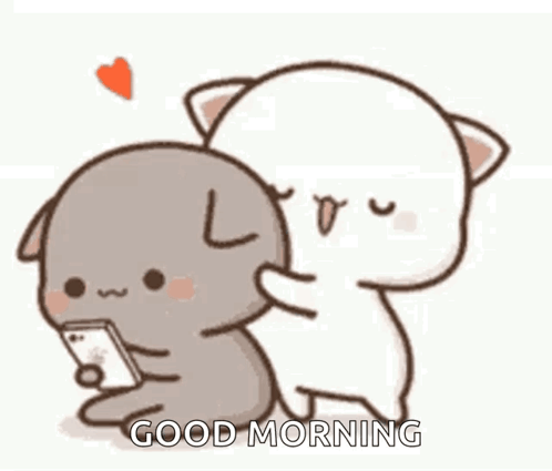 Two Cartoon Cats Hugging One Holding Phone