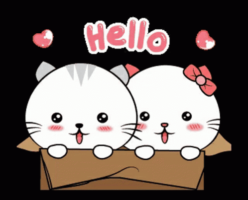 Two Cartoon Cats in Cardboard Box Saying Hello