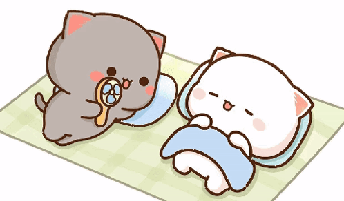 Two Cartoon Cats Laying on Checkered Blanket
