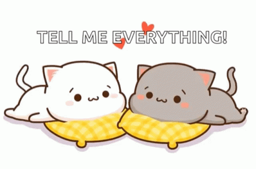 Two Cartoon Cats Laying On Pillows With The Words Tell Me Everything Written Above Them GIF