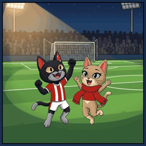 Two Cartoon Cats Playing Soccer on Field