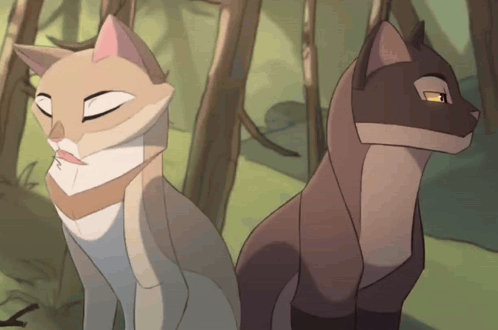 Two Cartoon Cats Standing Next To Each Other In The Woods GIF