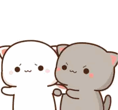 two cartoon cats standing next to each other with chinese writing on the bottom