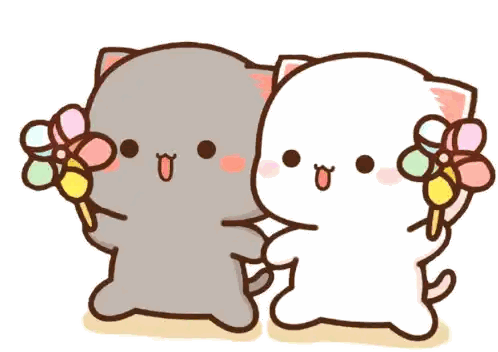 Two Cartoon Cats Standing With Flowers