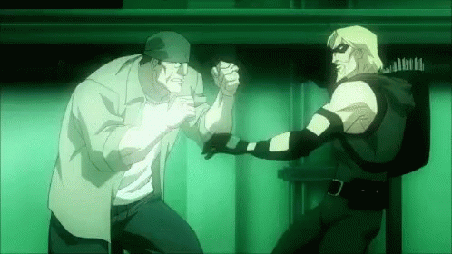 Two Cartoon Characters , A Man And A Green Arrow , Are Fighting Each Other In A Green Room . GIF
