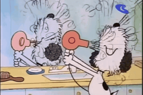 Two Cartoon Characters Are Blow Drying Their Hair In A Bathroom GIF
