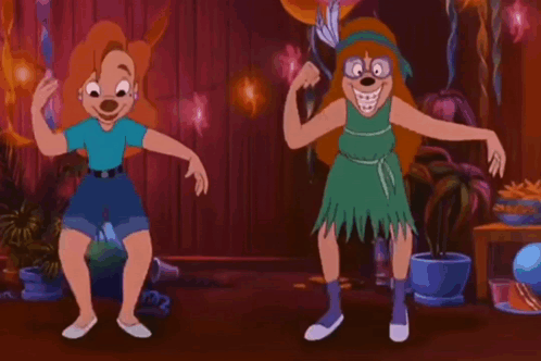Two Cartoon Characters Are Dancing In A Room With Balloons And Potted Plants . GIF