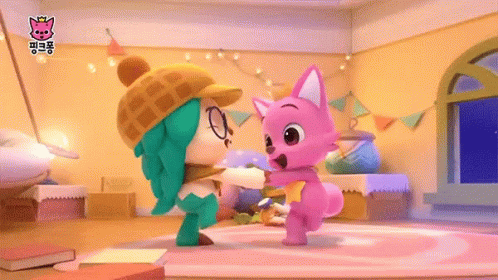 Two Cartoon Characters Are Dancing In A Room With Chinese Writing On The Bottom GIF