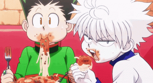 two cartoon characters are eating noodles with forks