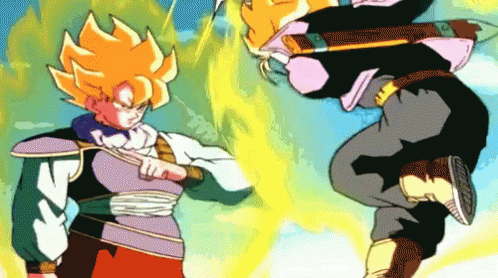 Two Cartoon Characters Are Fighting Each Other And One Has A Sword In His Hand GIF