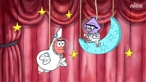 Two Cartoon Characters Are Hanging From A Curtain With The Nick Logo On The Bottom Right Corner GIF