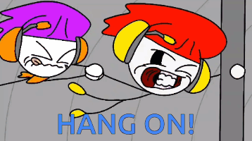 Two Cartoon Characters Are Hanging On A Wall With The Words Hang On GIF