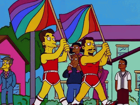 Two Cartoon Characters Are Holding Rainbow Flags In Front Of A Group Of People GIF