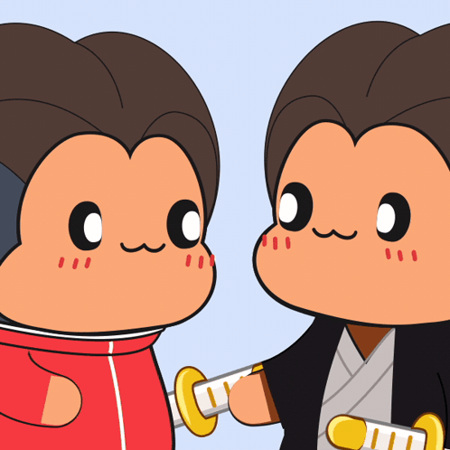 Two Cartoon Characters Are Holding Swords And One Is Wearing A Kimono GIF