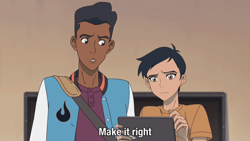 Two Cartoon Characters Are Looking At A Tablet And One Of Them Says Make It Right GIF