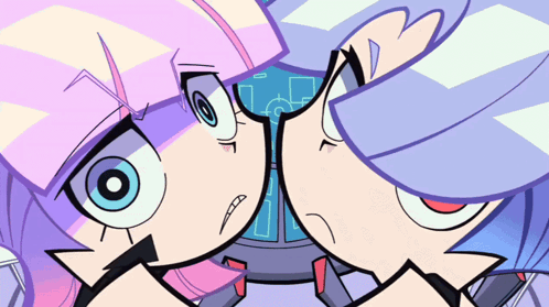 Two Cartoon Characters Are Looking At Each Other And One Has A Circle In Her Eye GIF