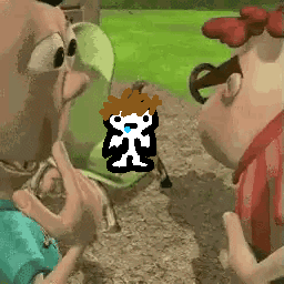 Two Cartoon Characters Are Looking At Each Other With A Pixelated Image Of A Man With Glasses GIF