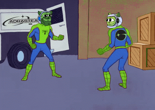 Two Cartoon Characters Are Pointing At Each Other In Front Of An Adrastea Truck GIF