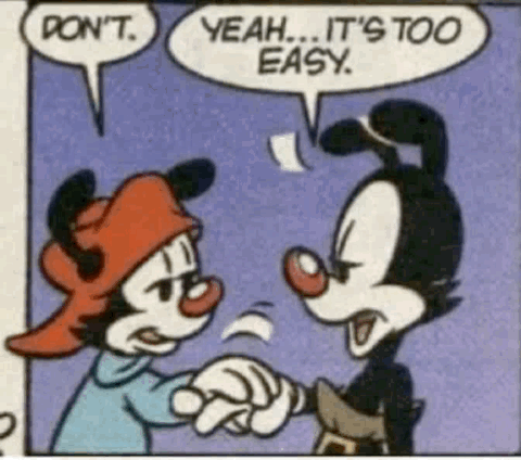 Two Cartoon Characters Are Shaking Hands And One Of Them Is Saying " Yeah It 'S Too Easy " GIF