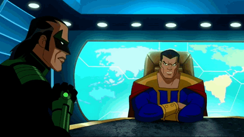 Two Cartoon Characters Are Sitting At A Table In Front Of A Window GIF