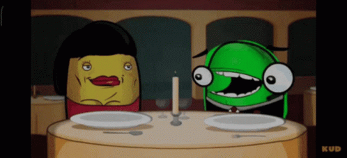 two cartoon characters are sitting at a table with plates and a candle with the word kud on the bottom right