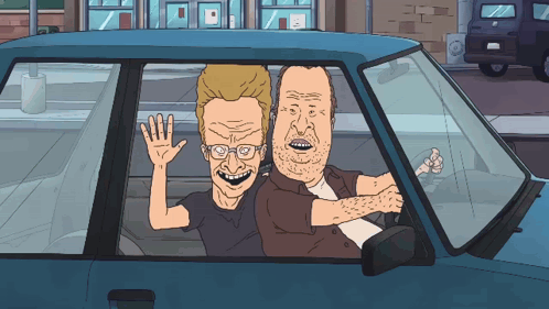 Two Cartoon Characters Are Sitting In A Car And Waving GIF