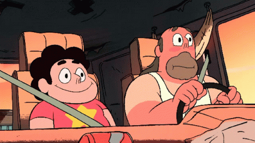 Two Cartoon Characters Are Sitting In A Car With Seat Belts GIF