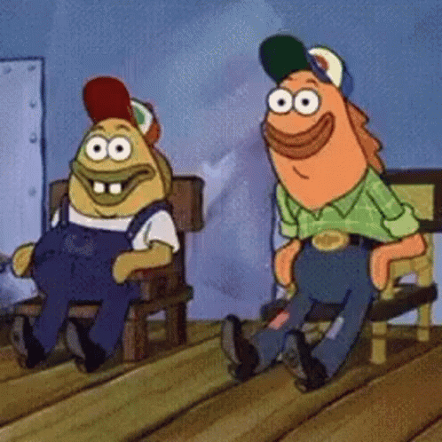 Two Cartoon Characters Are Sitting Next To Each Other On A Wooden Deck . GIF