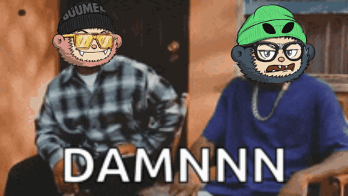 Two Cartoon Characters Are Sitting Next To Each Other With Damnnn Written On The Bottom Right GIF